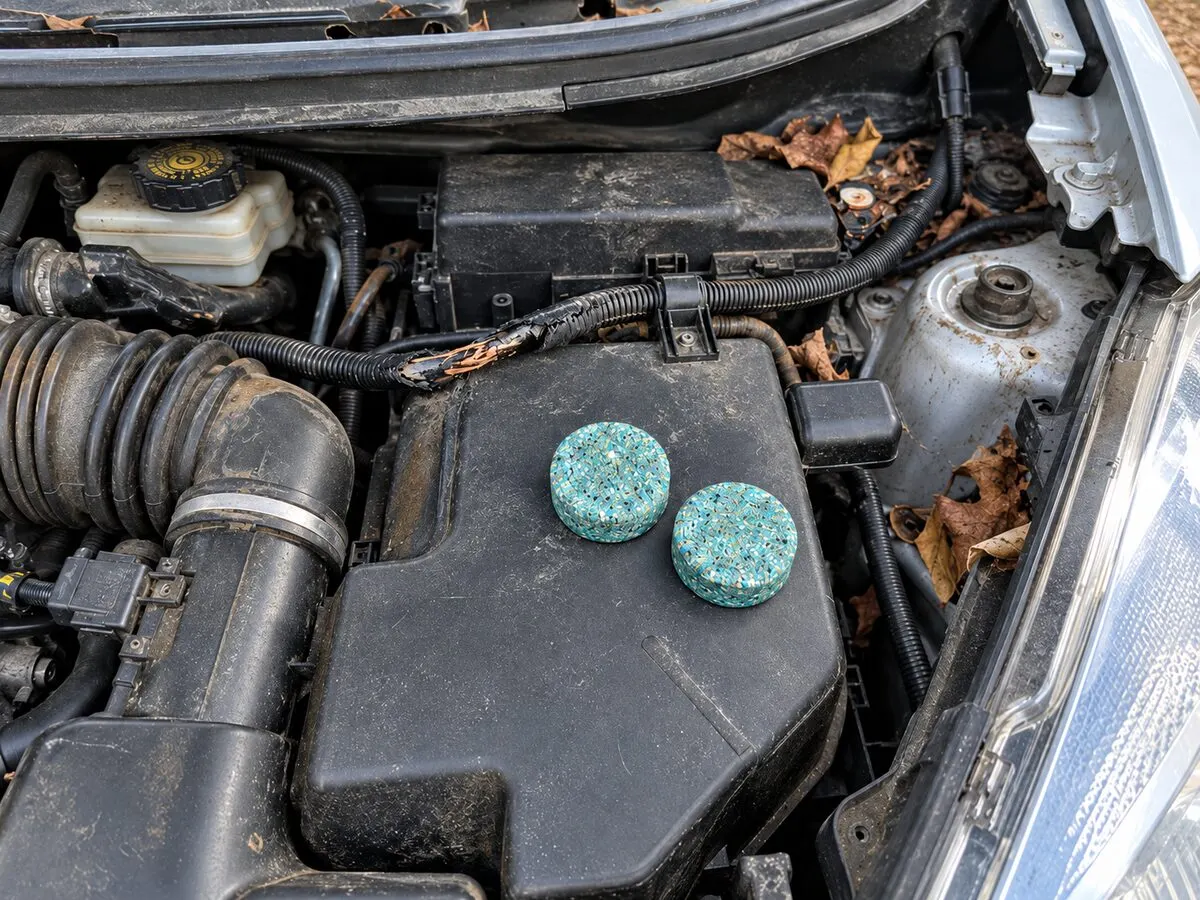 MintGuard balls placed in a car engine bay