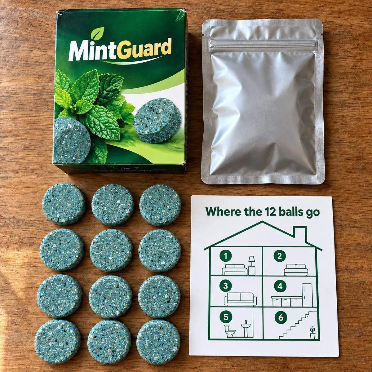 MintGuard pack contents: box, 12 balls, pouch and placement card